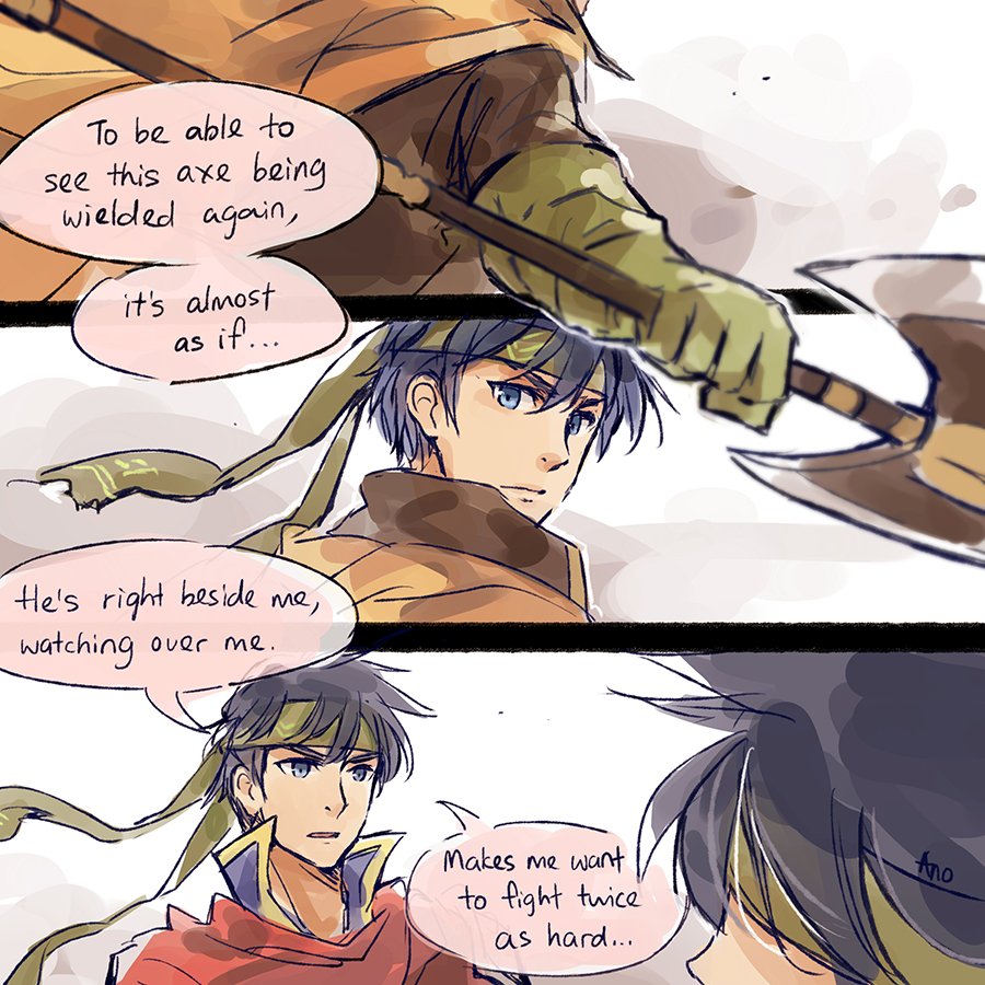2boys, anocurry, armor, axe, bad_id, bad_twitter_id, blue_eyes, blue_hair, cape, cosplay, english_text, fire_emblem, fire_emblem:_path_of_radiance, fire_emblem_heroes, gloves, greil, greil_(cosplay), headband, ike_(brave_mercenary)_(fire_emblem), ike_(fire_emblem), male_focus, multiple_boys, nintendo, short_hair, weapon