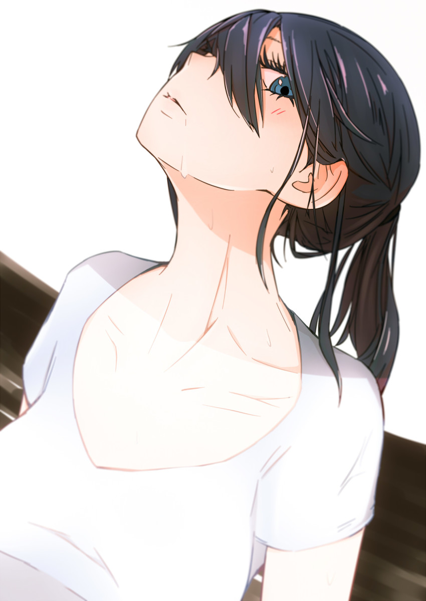 1girl, anopl, ballroom_e_youkoso, black_hair, blue_eyes, breasts, eyelashes, female_focus, hair_between_eyes, hanaoka_shizuku, highres, long_hair, looking_at_viewer, looking_up, medium_breasts, parted_lips, ponytail, shirt, solo, sweat, t-shirt, upper_body, white_shirt