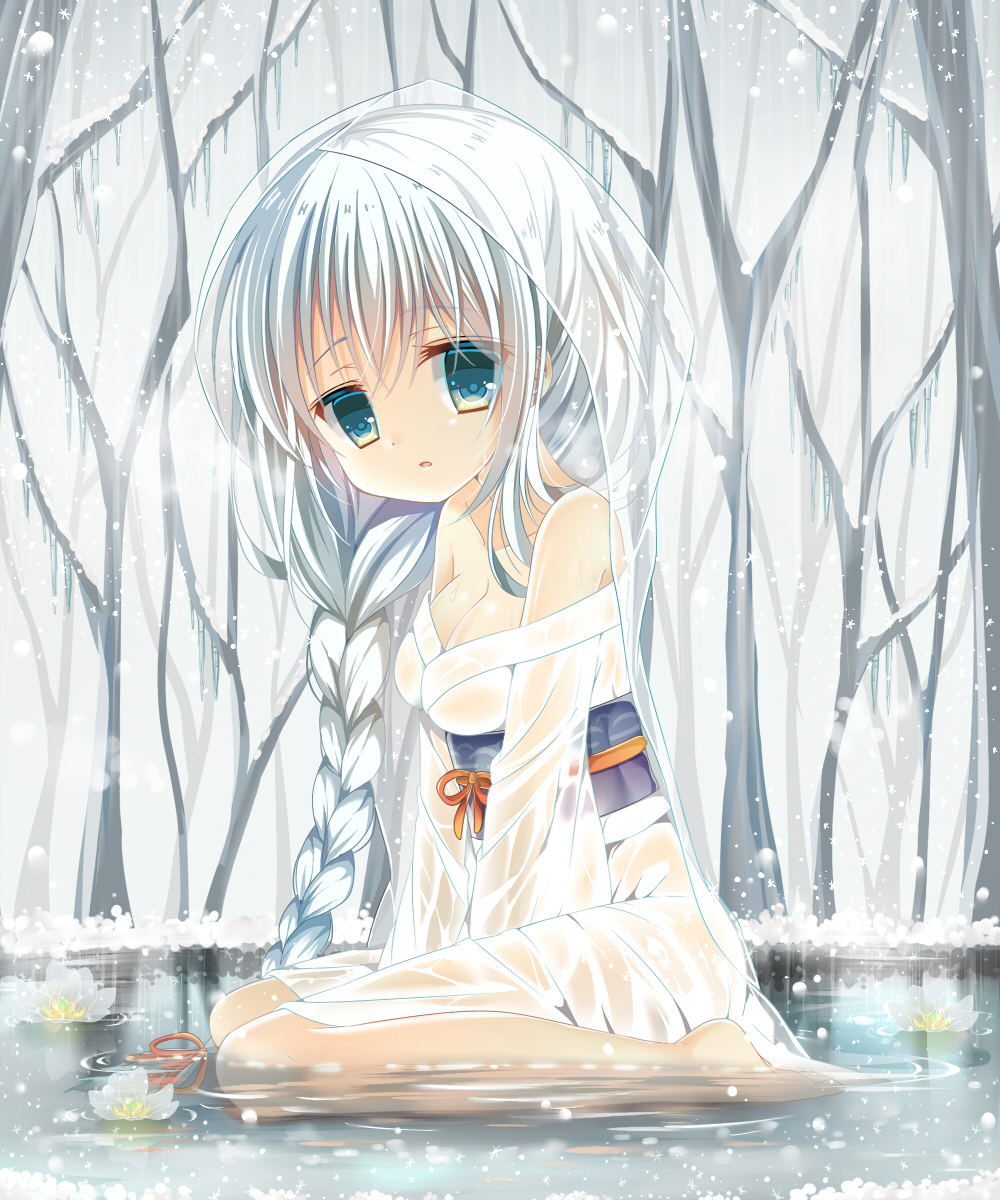 1girl, aqua_eyes, bad_id, bad_pixiv_id, bare_shoulders, bare_tree, barefoot, bemani