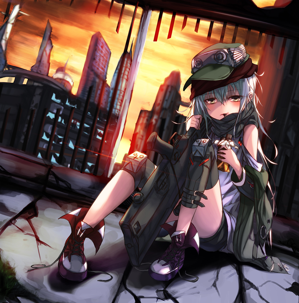 1girl, assault_rifle, black_shorts, blue_hair, blush, broken_glass, bullpup, candy