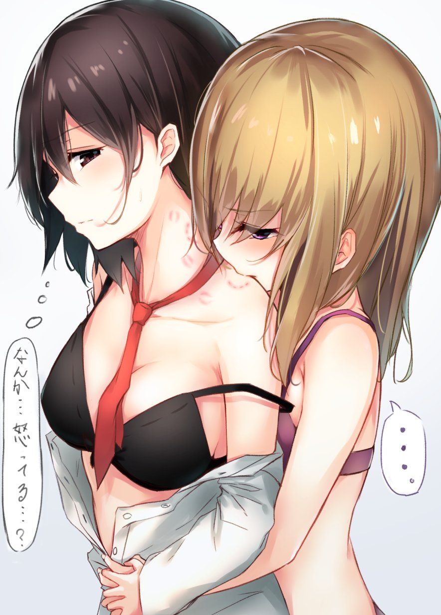 ..., 2girls, black_bra, blonde_hair, blue_background, borushichi, bra, breasts
