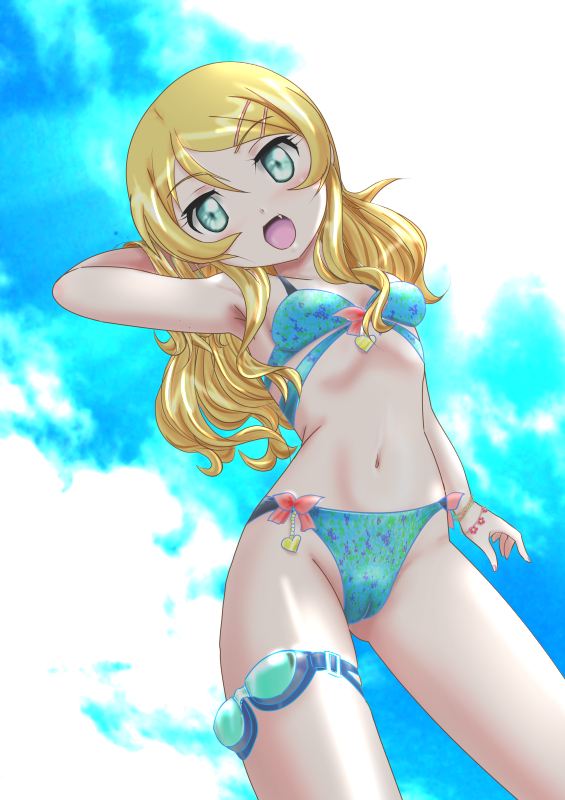 1girl, bikini, blonde_hair, blue_eyes, breasts, cameltoe, cloud, cowboy_shot, fang, female_focus, from_below, goggles_around_one_leg, hair_ornament, hairclip, kazuna_kei, kousaka_kirino, looking_at_viewer, navel, ore_no_imouto_ga_konna_ni_kawaii_wake_ga_nai, sky, small_breasts, solo, standing, swimsuit