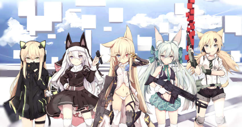 5girls, absurdres, animal_ear_fluff, animal_ear_headphones, animal_ears, art556_(girls'_frontline), assault_rifle, asymmetrical_legwear