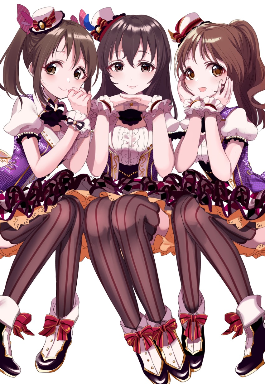 3girls, absurdres, bad_id, bad_pixiv_id, brown_eyes, brown_hair, fujiwara_hajime, hat, highres, idolmaster, idolmaster_cinderella_girls, idolmaster_cinderella_girls_starlight_stage, imai_kana, long_hair, looking_at_viewer, mini_hat, misumi_(macaroni), multiple_girls, open_mouth, puffy_short_sleeves, puffy_sleeves, short_sleeves, showtime_illusion, takamori_aiko, twintails, wrist_cuffs