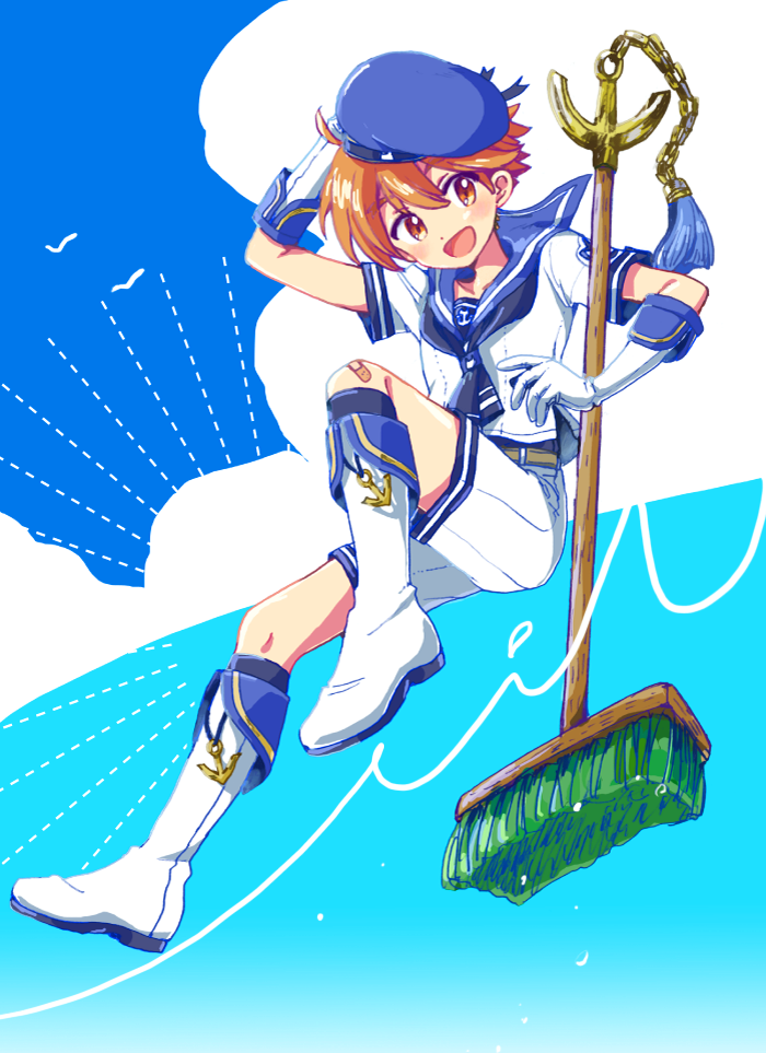 19nichi_(litedatobalita), 1boy, bandaid, bandaid_on_knee, bandaid_on_leg, boots, broom, brown_eyes
