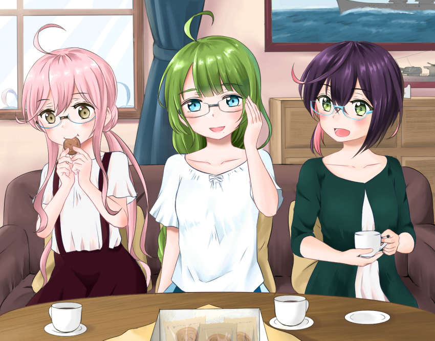 10s, adjusting_eyewear, ahoge, alternate_costume, blue_eyes, blunt_bangs, blush, braid, brown_eyes, casual, chest_of_drawers, collarbone, couch, cup, curtains, dress, eating, food, glasses, green_dress, green_eyes, green_hair, hair_bun, holding, holding_cup, holding_food, indoors, kantai_collection, long_hair, looking_at_another, makigumo_(kancolle), makigumo_(ruysdael)_(kancolle), model_ship, multicolored_hair, okinami_(kancolle), okinami_(ruysdael)_(kancolle), open_mouth, painting_(object), parted_bangs, pillow, pink_hair, purple_hair, reflection, shirt, short_hair, short_sleeves, single_hair_bun, sitting, smile, suspenders, table, teacup, teeth, tongue, twintails, umino_haruka_(harukaumino6), window, yuugumo_(kancolle), yuugumo_(ruysdael)_(kancolle)