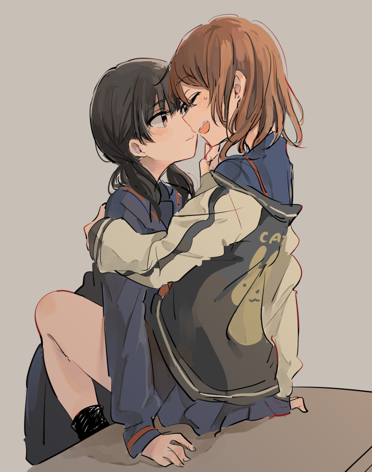 2girls, :d, ^_^, black_hair, blue_skirt, blush, brown_eyes, brown_hair