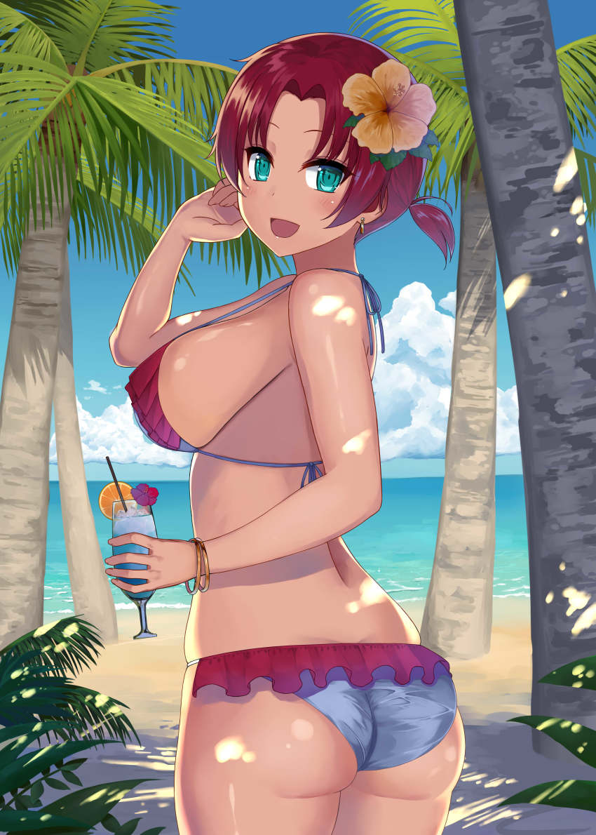 1girl, absurdres, alternate_costume, ass, beach, bikini, blue_eyes, boudica_(fate), bracelet, breasts, cloud, cup, day, drinking_glass, earrings, fate/grand_order, fate_(series), female_focus, frilled_bikini, frills, fuyutuji, highres, holding, holding_cup, holding_drinking_glass, jewelry, large_breasts, looking_at_viewer, looking_back, low_ponytail, ocean, open_mouth, outdoors, palm_tree, ponytail, red_hair, solo, standing, swimsuit, tree