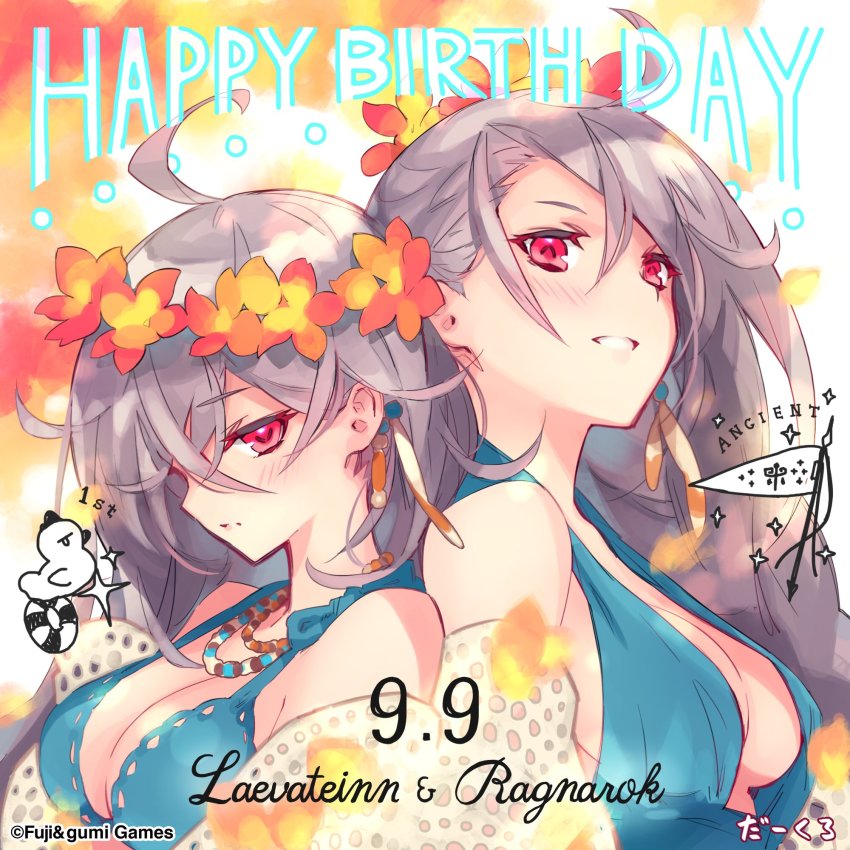 2girls, ahoge, bird, blue_dress, blush, braid, braided_ponytail, breasts, chicken, cleavage, cleavage_cutout, clothing_cutout, dress, earrings, english_text, flag, floral_background, happy_birthday, head_wreath, highres, innertube, jewelry, laevateinn_(phantom_of_the_kill), large_breasts, looking_at_viewer, messy_hair, multiple_girls, necklace, official_art, phantom_of_the_kill, ragnarok_(phantom_of_the_kill), red_eyes, rooster, shawl, silver_hair, single_braid, smile, sparkle, swim_ring