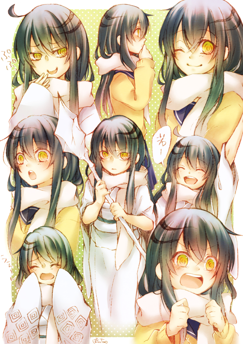 1girl, blue_hair, crying, highres, hoshi_no_pon, japanese_clothes, long_hair, multiple_views, nurarihyon_no_mago, open_mouth, scarf, school_uniform, smile, smirk, tears, yellow_eyes, yuki_onna_(nurarihyon_no_mago)