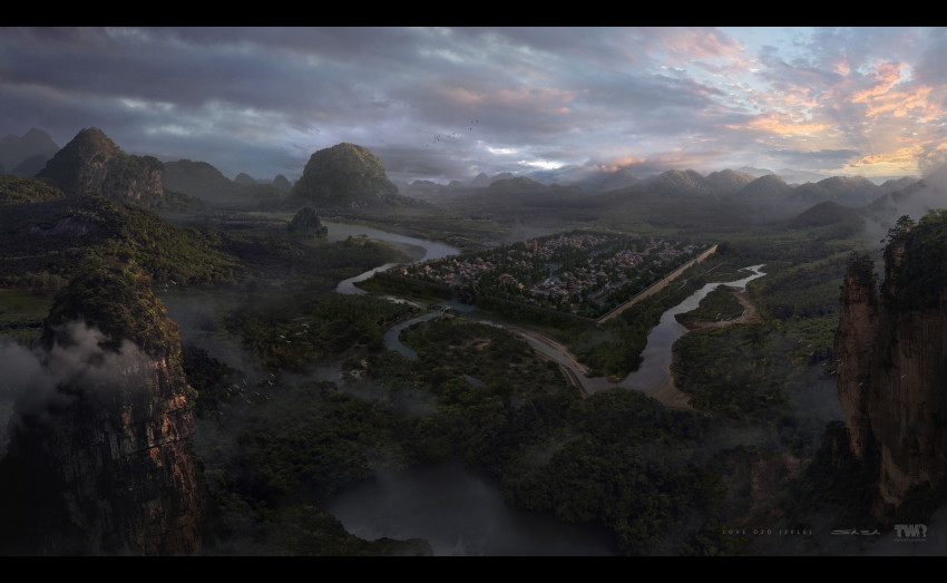 absurdres, architecture, bird, bridge, city, cliff, cloud, cloudy_sky, commentary, east_asian_architecture, from_above, gate, gate_house, grand_scale, highres, house, jungle, landscape, letterboxed, light_rays, md5_mismatch, ming_yee_sheh, nature, pagoda, resolution_mismatch, river, scenery, sky, smoke, source_smaller, sunbeam, sunlight, sunrise, tree, wall