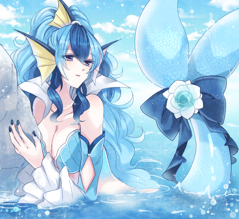 1girl, artistic_error, bad_id, bad_pixiv_id, blue_bow, blue_eyes, blue_flower, blue_hair, blue_nails, blue_sky, bow, breasts, cleavage, day, female_focus, fins, flower, gen_1_pokemon, head_fins, jewelry, large_breasts, long_hair, looking_to_the_side, mermaid, monster_girl, mugimeshi_(midorimugi008), nail_polish, necklace, nintendo, outdoors, pearl_necklace, personification, pokemon, rock, scales, sky, solo, vaporeon, very_long_hair, water