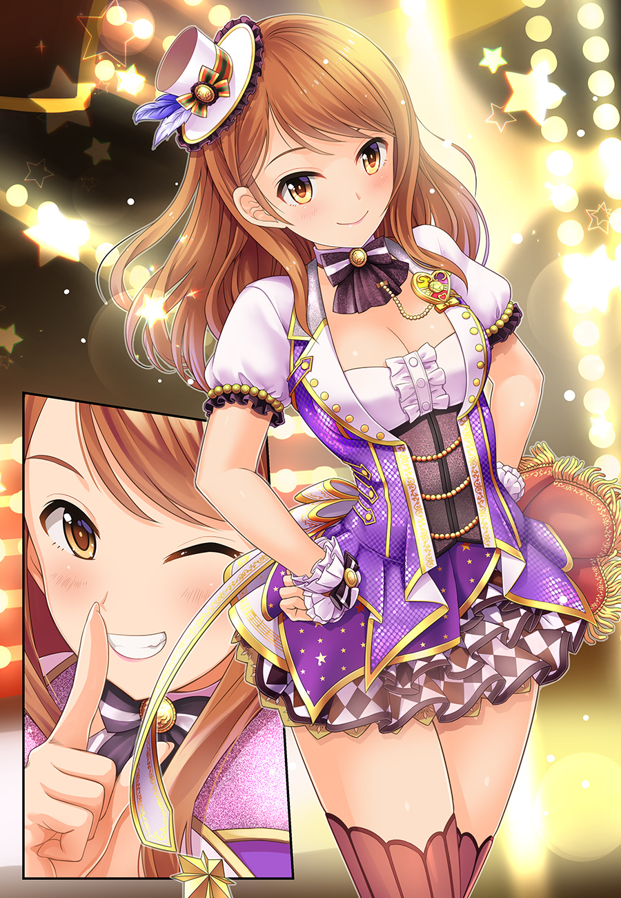 1girl, blush, breasts, brown_eyes, brown_hair, cleavage, comic, dress, female_focus, hat, highres, hojo_karen, idolmaster, idolmaster_cinderella_girls, idolmaster_cinderella_girls_starlight_stage, long_hair, looking_at_viewer, mini_hat, mk_(mod0), one_eye_closed, puffy_short_sleeves, puffy_sleeves, short_sleeves, showtime_illusion, silent_comic, smile, solo, star_(symbol), thighhighs, wrist_cuffs