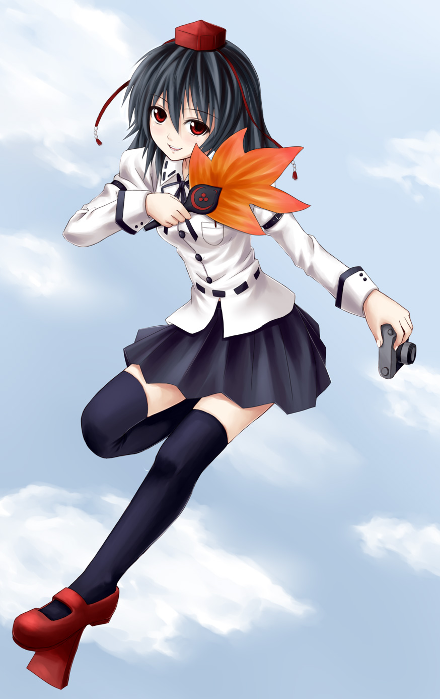 1girl, female_focus, geta, hat, highres, looking_at_viewer, open_mouth, shameimaru_aya