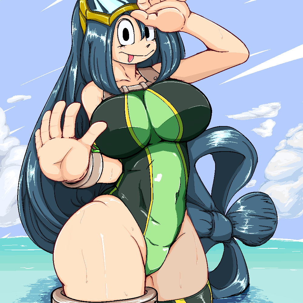 10s, 1girl, asui_tsuyu, bare_shoulders, black_eyes, black_hair, boku_no_hero_academia, breasts, curvy, female_focus, frog_girl, highleg, highleg_one-piece_swimsuit, large_breasts, long_hair, looking_at_viewer, one-piece_swimsuit, partially_submerged, salute, shiny_skin, smile, solo, swimsuit, uirou-zazami, water