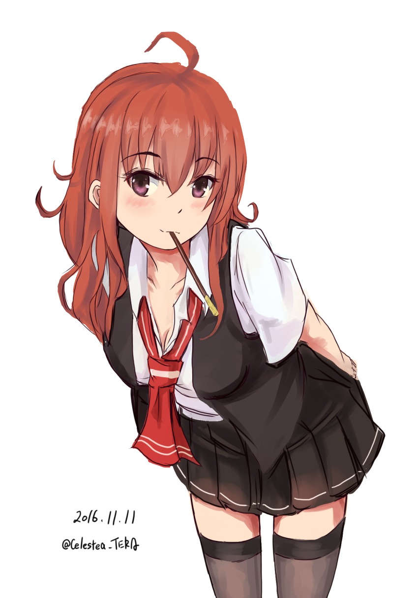 10s, ahoge, alternate_hair_length, alternate_hairstyle, arashi_(kancolle), arms_behind_back, black_thighhighs, black_vest