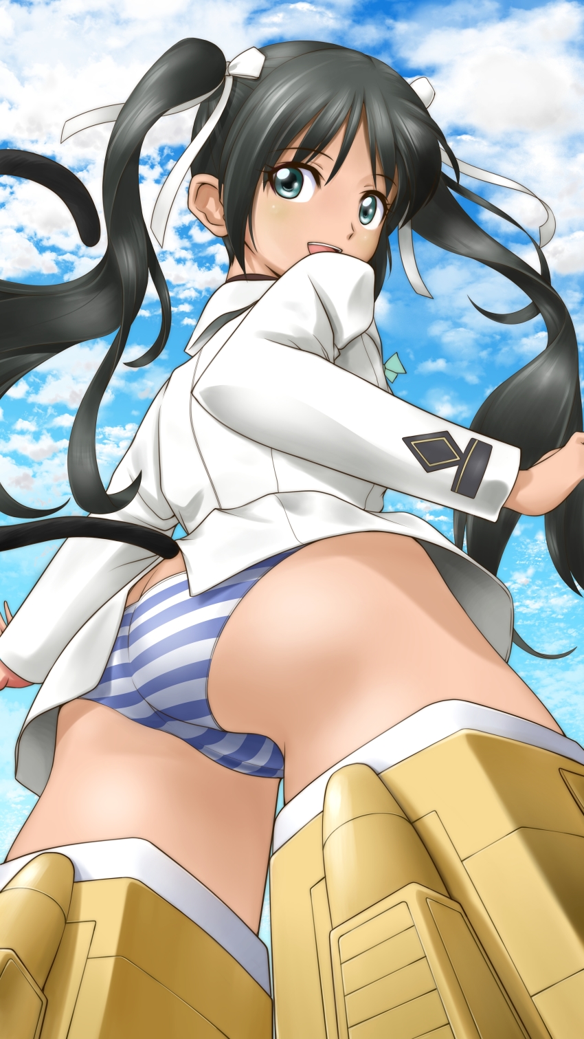 1girl, absurdres, aqua_eyes, ass, black_hair, butt_crack, cameltoe, cat_tail