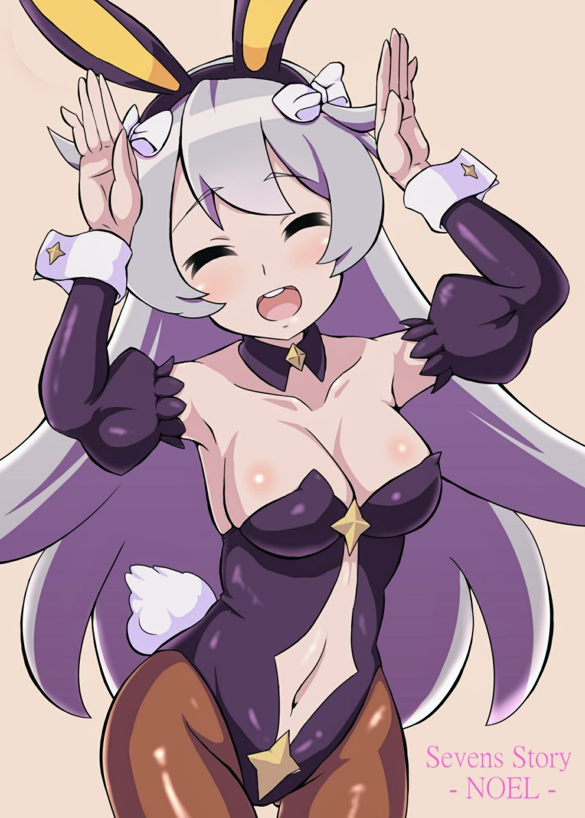 1girl, animal_ears, bare_shoulders, black_leotard, bow, breasts, brown_pantyhose, character_name, cleavage, closed_eyes, clothing_cutout, copyright_name, cowboy_shot, detached_collar, detached_sleeves, facing_viewer, fake_animal_ears, female_focus, gluteal_fold, guchiaki, hair_bow, highres, jpeg_artifacts, large_breasts, leotard, long_hair, long_sleeves, navel_cutout, noel_(sevens_story), open_mouth, pantyhose, playboy_bunny, puffy_long_sleeves, puffy_sleeves, rabbit_ears, rabbit_tail, sevens_story, silver_hair, smile, solo, strapless, strapless_leotard, tail, very_long_hair, wrist_cuffs