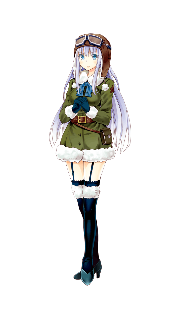 1girl, adriana_chernogrova, aviator_cap, belt, blue_eyes, blue_gloves, boshi_(a-ieba), breasts, female_focus, formation_girls, full_body, gloves, goggles, goggles_on_headwear, green_jacket, high_heels, highres, jacket, large_breasts, open_mouth, own_hands_together, red_star, silver_hair, solo, standing, star_(symbol), thighhighs, transparent_background