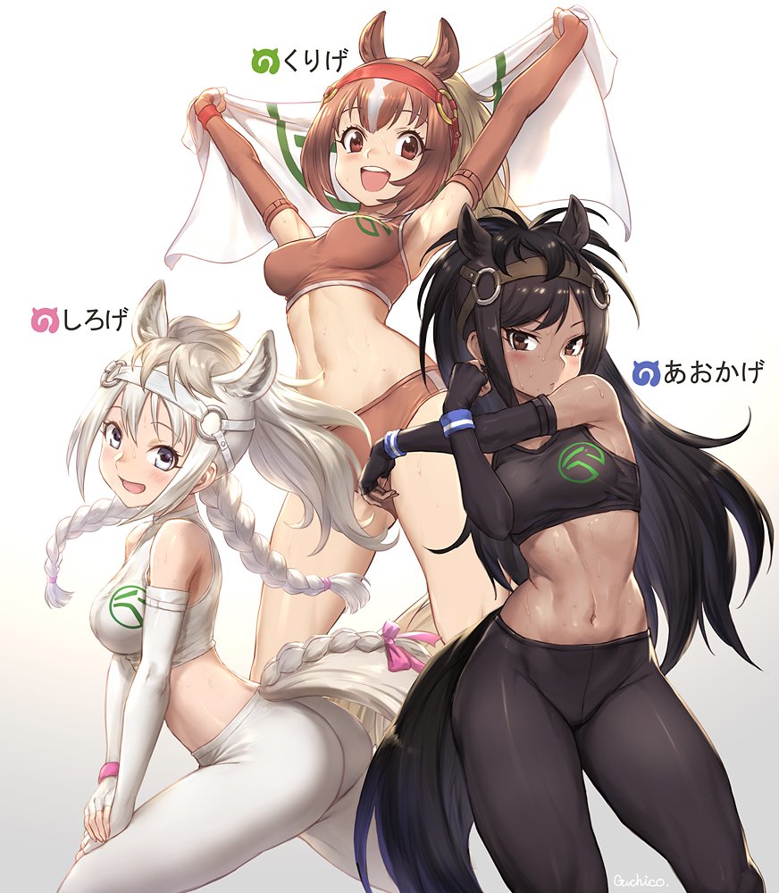 10s, 3girls, :d, \o/, animal_ears, armpits, arms_up, ass, black_gloves, black_hair, black_legwear, black_sports_bra, blush, braid, braided_tail, breasts, bridle, brown_eyes, brown_gloves, brown_hair, brown_sports_bra, brown_thoroughbred_(kemono_friends), buruma, character_name, chestnut_thoroughbred_(kemono_friends), closed_mouth, contrapposto, cross-body_stretch, dark-skinned_female, dark_skin, elbow_gloves, extra_ears, fingerless_gloves, gloves, gradient_background, grey_eyes, guchico, hands_on_own_knee, horse_ears, horse_girl, horse_tail, japan_racing_association, japari_symbol, kemono_friends, leggings, logo, long_hair, looking_at_viewer, medium_breasts, midriff, multicolored_hair, multiple_girls, navel, o-ring, open_mouth, outstretched_arms, pants, pantyhose, ponytail, ribbon, sidelocks, simple_background, single_vertical_stripe, smile, sports_bra, sportswear, standing, stretching, sweat, tail, tail_ornament, tail_ribbon, tight_clothes, tight_pants, translated, tsurime, twin_braids, white_background, white_gloves, white_hair, white_sports_bra, white_thoroughbred_(kemono_friends), wristband