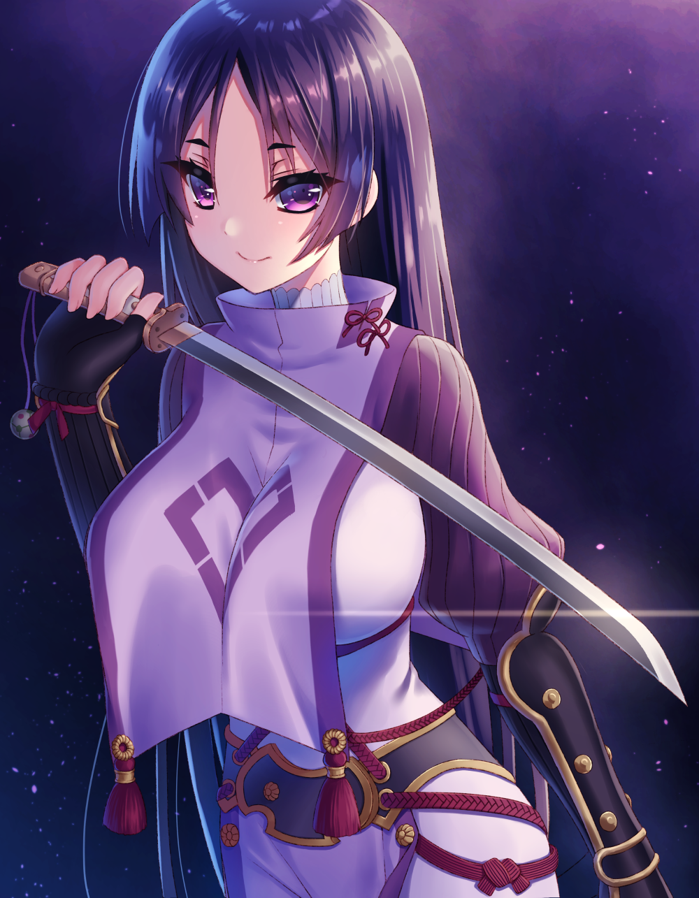 1girl, between_breasts, black_gloves, black_hair, breasts, fate/grand_order, fate_(series), female_focus, fingerless_gloves, gloves, habaki, hair_between_eyes, highres, holding, holding_sword, holding_weapon, kashira, katana, kuro_futoshi, large_breasts, long_hair, long_sleeves, looking_at_viewer, minamoto_no_raikou_(fate), minamoto_no_raikou_(first_ascension)_(fate), night, parted_bangs, puffy_long_sleeves, puffy_sleeves, purple_eyes, red_ribbon, ribbon, smile, solo, standing, straight_hair, sword, tabard, tassel, tsuba_(guard), vambraces, very_long_hair, weapon