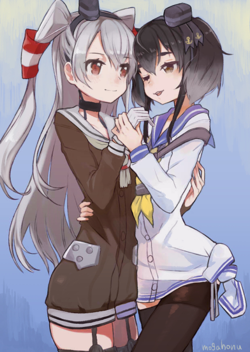 10s, 2girls, amatsukaze_(kancolle), arm_around_another's_waist, black_hair, black_hairband, black_ribbon, brown_dress