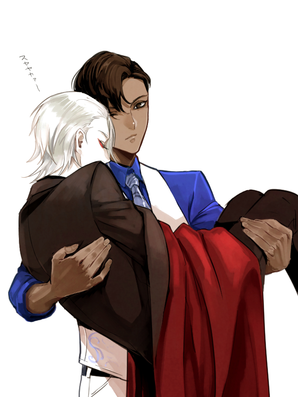 2boys, alternate_hairstyle, arjuna_(fate), arjuna_(formal_dress)_(fate), bishounen, brothers, brown_hair, carrying