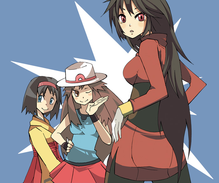 00s, 2girls, bad_id, bad_pixiv_id, black_hair, blue_eyes, blush, brown_eyes, brown_hair, erika_(pokemon), gloves, gym_leader, hat, japanese_clothes, kimono, leaf_(pokemon), long_hair, matsumoto_waka, milkcocoa, multiple_girls, nintendo, one_eye_closed, pantyhose, poke_ball, pokemon, pokemon_firered_and_leafgreen, porkpie_hat, red_eyes, sabrina_(pokemon), very_long_hair, wink
