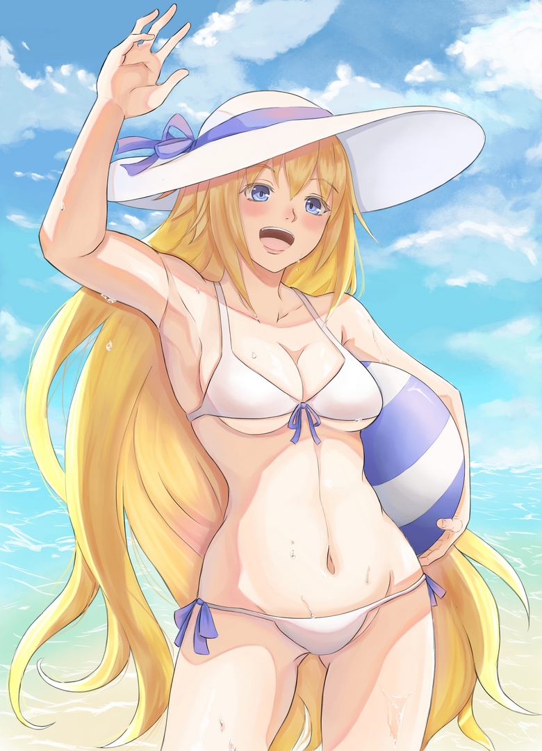 1girl, :d, arm_up, azalea_(thenewhorde), ball, beachball, bikini, blonde_hair