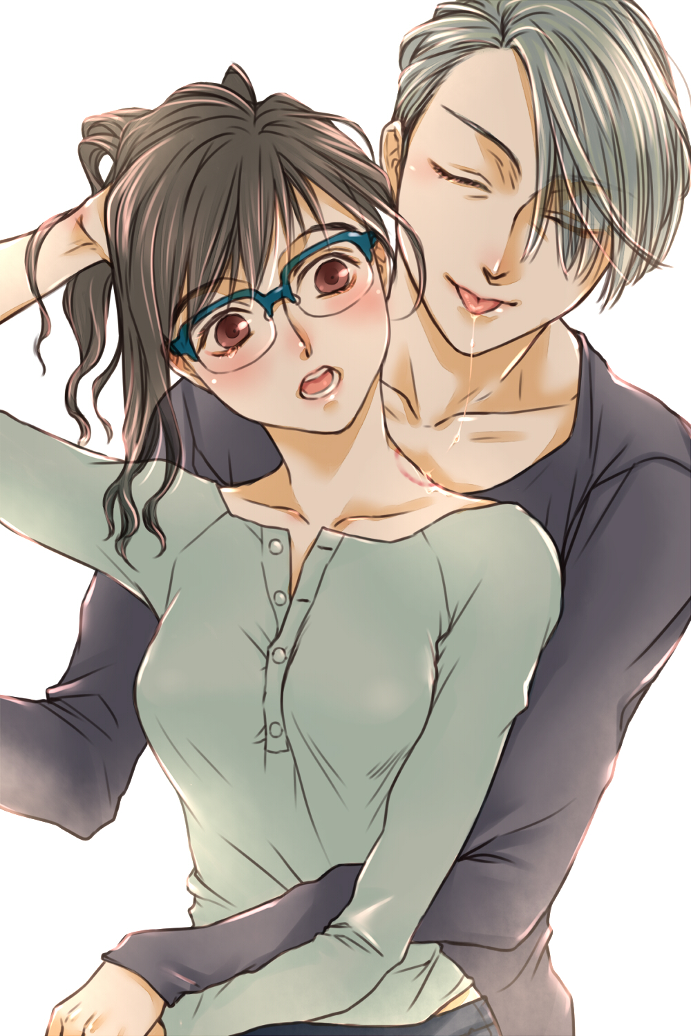 10s, 1boy, 1girl, ;p, black_hair, blue-framed_eyewear, blue_eyes, brown_eyes