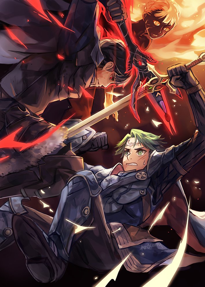 2boys, alm_(fire_emblem), anocurry, armor, berkut_(fire_emblem), berkut_(purgatorial_prince)_(fire_emblem), black_hair, blood, cape, elemental_(creature), fire, fire_elemental, fire_emblem, fire_emblem_echoes:_shadows_of_valentia, fur_trim, gloves, green_eyes, green_hair, headband, holding, holding_weapon, male_focus, multiple_boys, nintendo, red_eyes, rinea_(fire_emblem), short_hair, smile, spoilers, sword, vestal_(fire_emblem), weapon