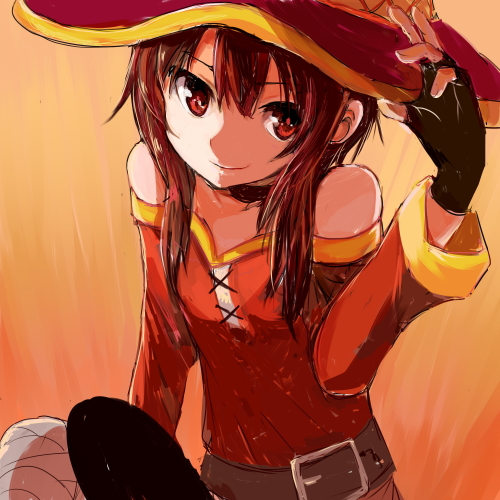 1girl, asymmetrical_legwear, bandages, black_gloves, black_thighhighs, brown_hair, bump_(silk0423), cape, dress, female_focus, fingerless_gloves, gloves, hat, kono_subarashii_sekai_ni_shukufuku_wo!, looking_at_viewer, lowres, megumin, mismatched_legwear, off_shoulder, red_dress, red_eyes, short_dress, short_hair, short_hair_with_long_locks, single_thighhigh, smile, solo, thighhighs, witch_hat