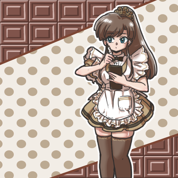 1girl, alternate_costume, apron, black_bow, black_bowtie, blue_eyes, bow, bowtie, brown_hair, brown_thighhighs, enmaided, female_focus, high_ponytail, holding, holding_notepad, holding_pen, kuonji_ukyou, limited_palette, long_hair, looking_to_the_side, maid, notepad, pen, polka_dot, polka_dot_background, ponytail, ranma_1/2, scrunchie, sidelocks, solo, spot_color, taking_order, thighhighs, waitress, wanta_(futoshi), zettai_ryouiki