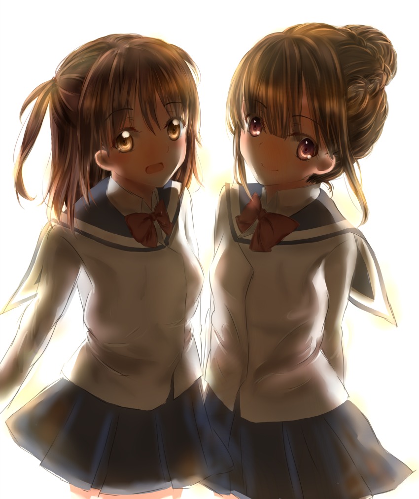 2girls, absurdres, arms_behind_back, backlighting, bow, bowtie, braid, brown_eyes, brown_hair, cowboy_shot, hair_bun, highres, inamura_kyouka, long_sleeves, looking_at_viewer, mizuhara_hayari, multiple_girls, open_mouth, pleated_skirt, qallsi, red_bow, red_bowtie, school_uniform, shinohayu_the_dawn_of_age, single_hair_bun, sketch, skirt, smile, two_side_up