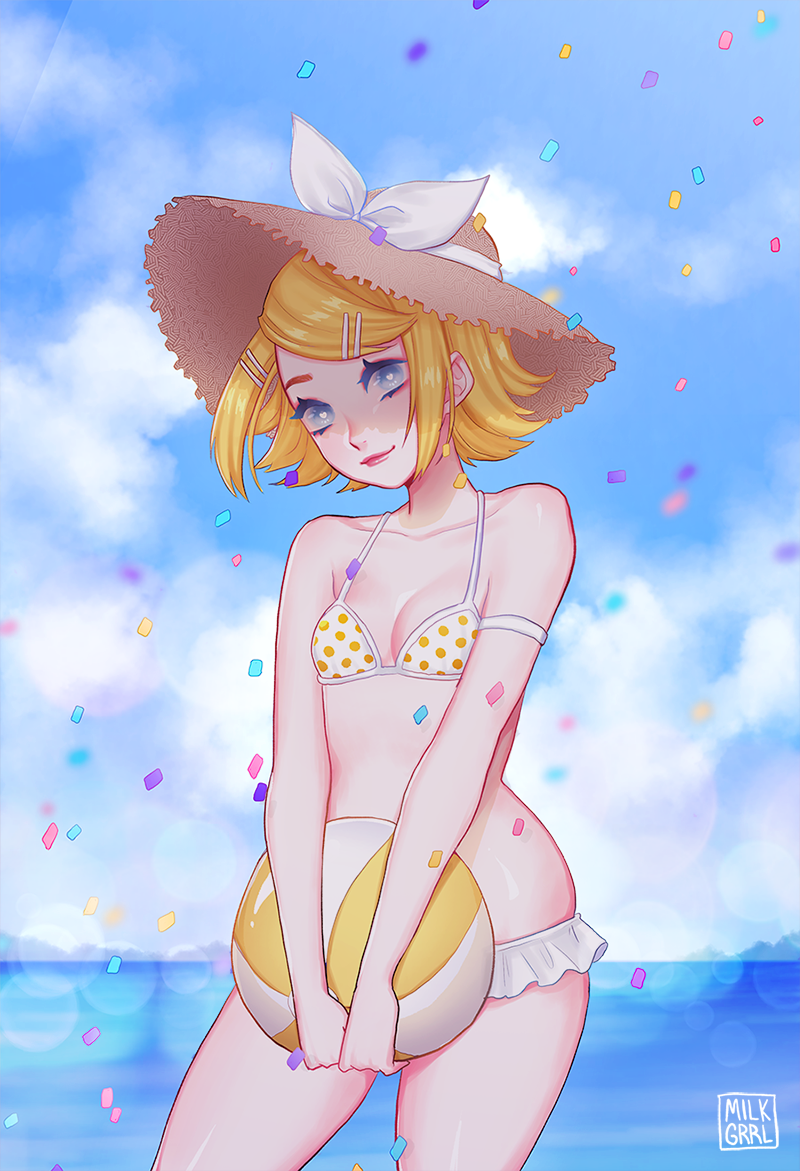 1girl, artist_logo, artist_name, ball, beachball, bikini, bikini_skirt, blonde_hair