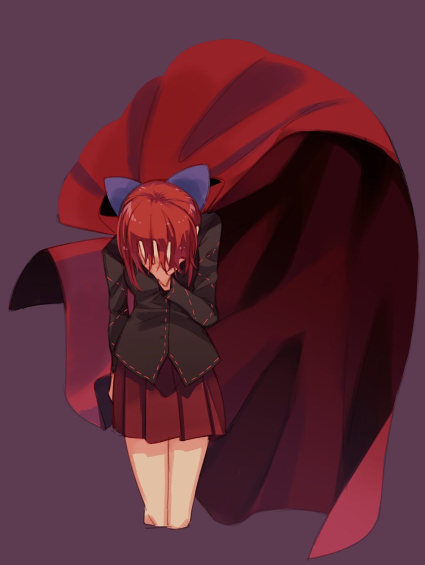 1girl, bad_id, bad_twitter_id, bare_legs, black_shirt, blouse, blue_bow, bow, cape, cropped_legs, dullahan, female_focus, hair_bow, hand_on_own_face, highres, holding_own_head, long_sleeves, looking_down, miniskirt, pleated_skirt, red_hair, red_skirt, sekibanki, shirt, simple_background, skirt, solo, standing, touhou, usuaji