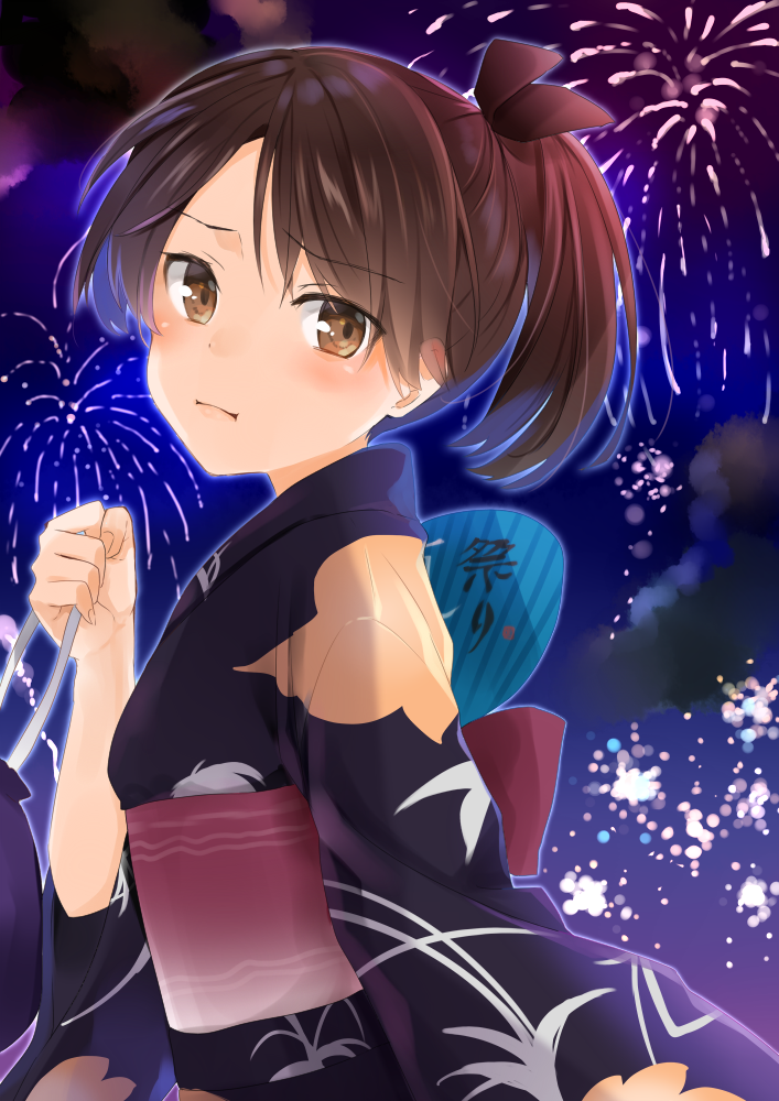10s, 1girl, alternate_costume, brown_eyes, brown_hair, female_focus, fireworks, floral_print
