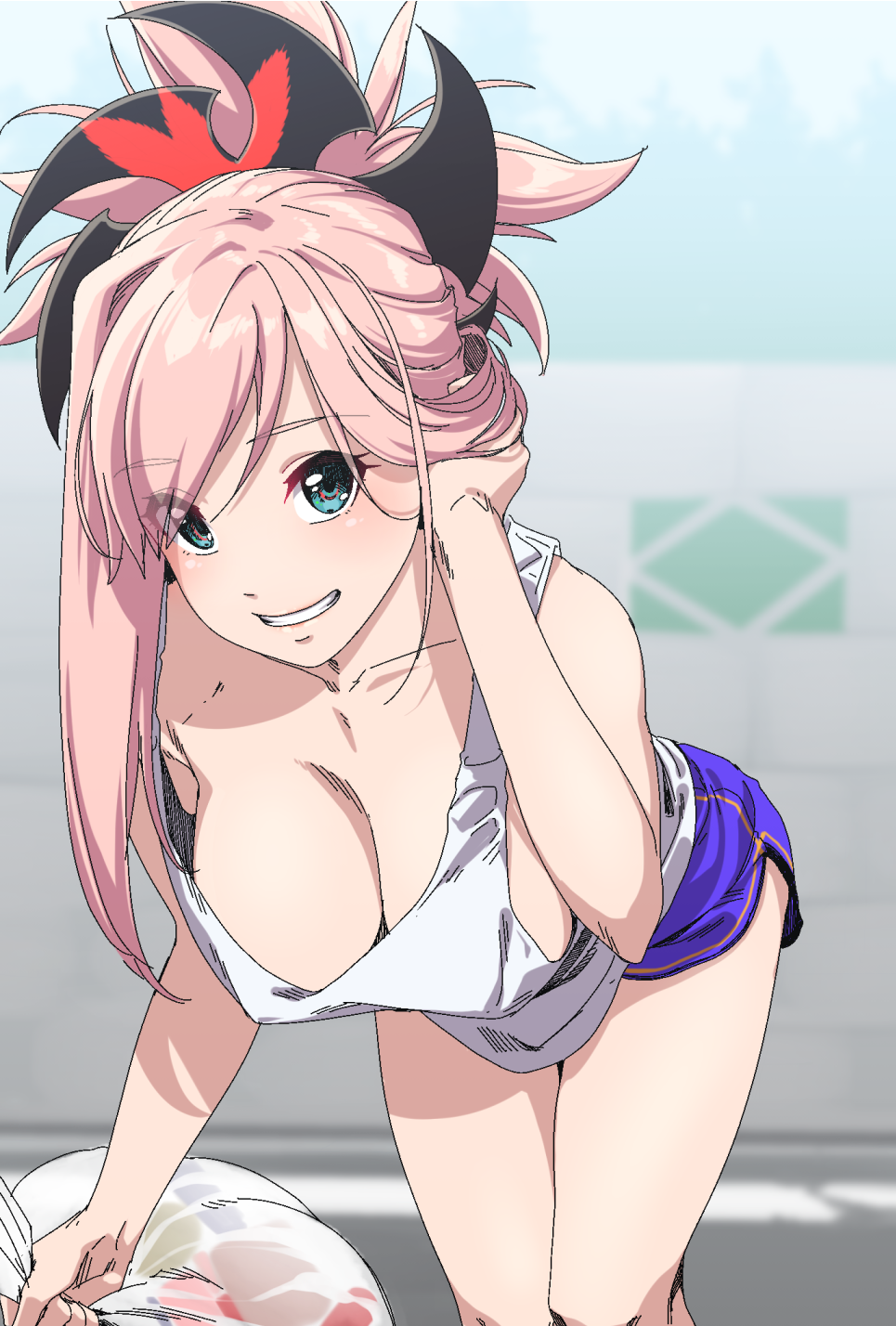 1girl, bent_over, blue_eyes, breasts, casual, cleavage, collarbone, contemporary