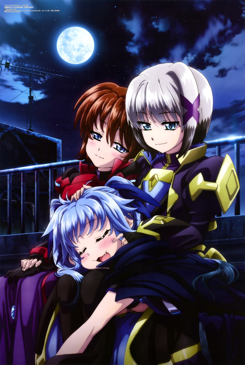 3girls, absurdres, arakaki_issei, black_gloves, black_hair, black_legwear, blue_eyes, blue_hair