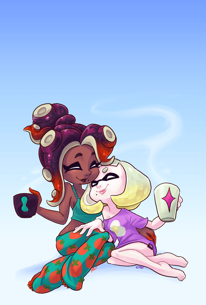 2girls, artist_request, audrey_kare, blonde_hair, dark-skinned_female, dark_skin, gradient_hair, marina_(splatoon)