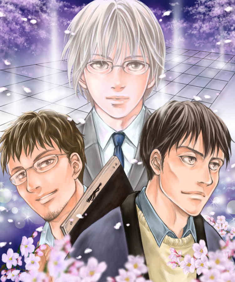 3boys, black_hair, blue_necktie, brown_eyes, brown_hair, flower, glasses, grey_eyes