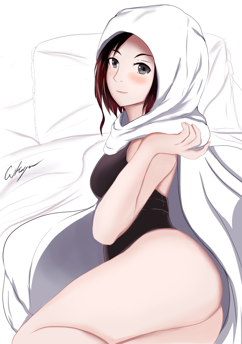 1girl, absurdres, aikiyun, artist_name, ass, blush, brown_hair, capelet, female_focus, grey_eyes, highres, hood, leotard, looking_at_viewer, lying, on_side, rwby, signature, smile, solo, summer_rose, thighs, white_background, white_hood