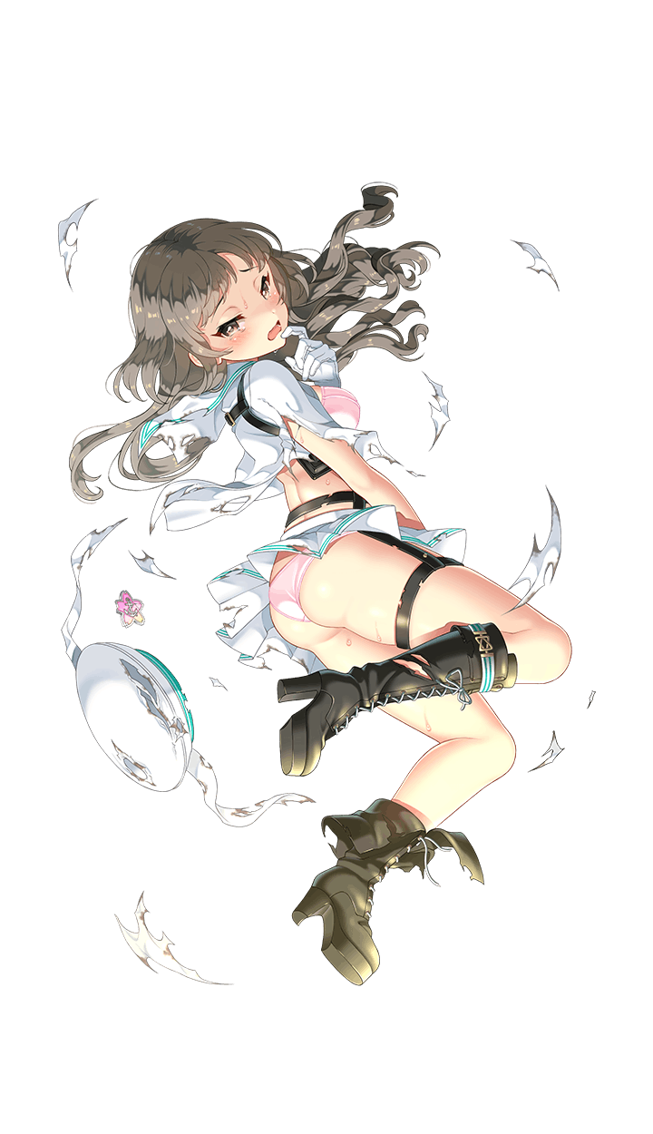 1girl, beret, black_boots, blush, boots, bra, breasts, brown_eyes