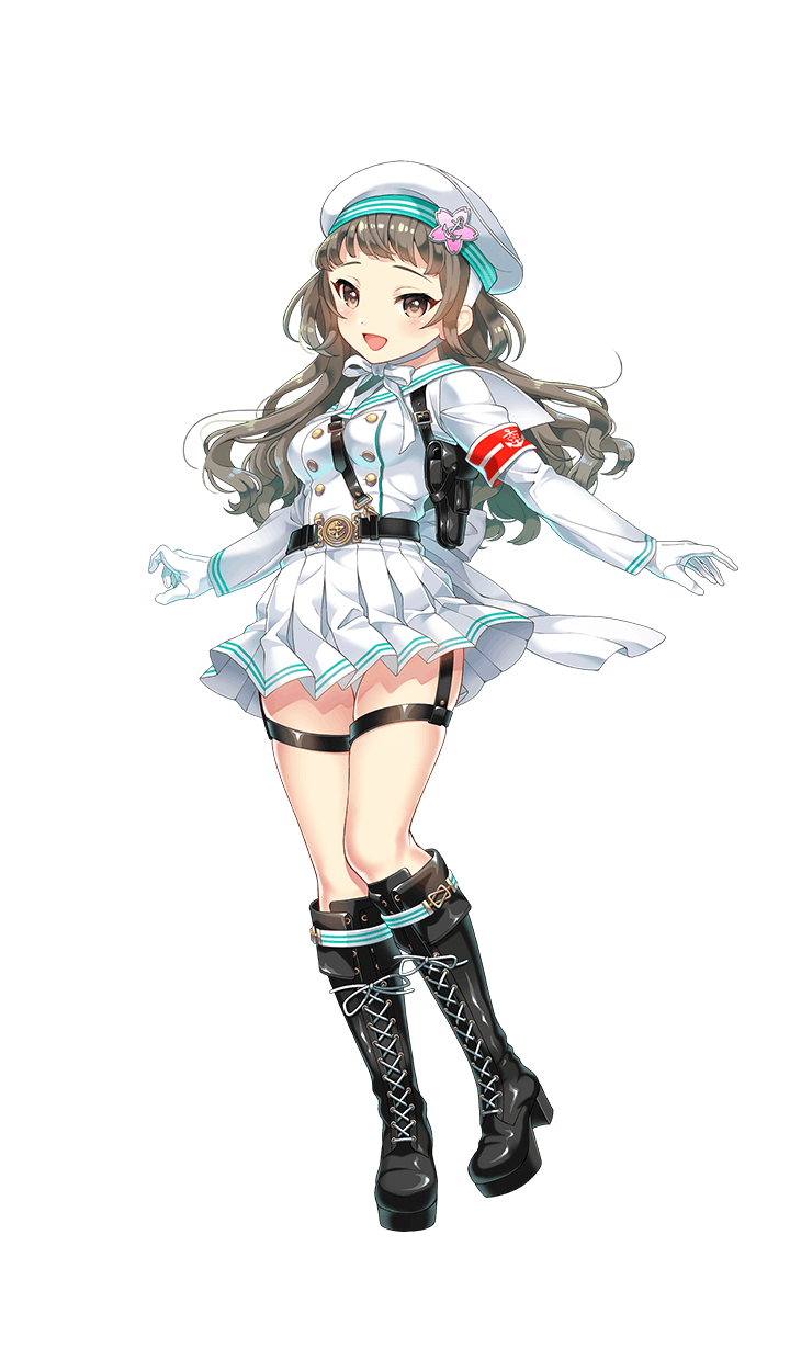 1girl, :d, beret, black_boots, boots, breasts, brown_eyes, brown_hair