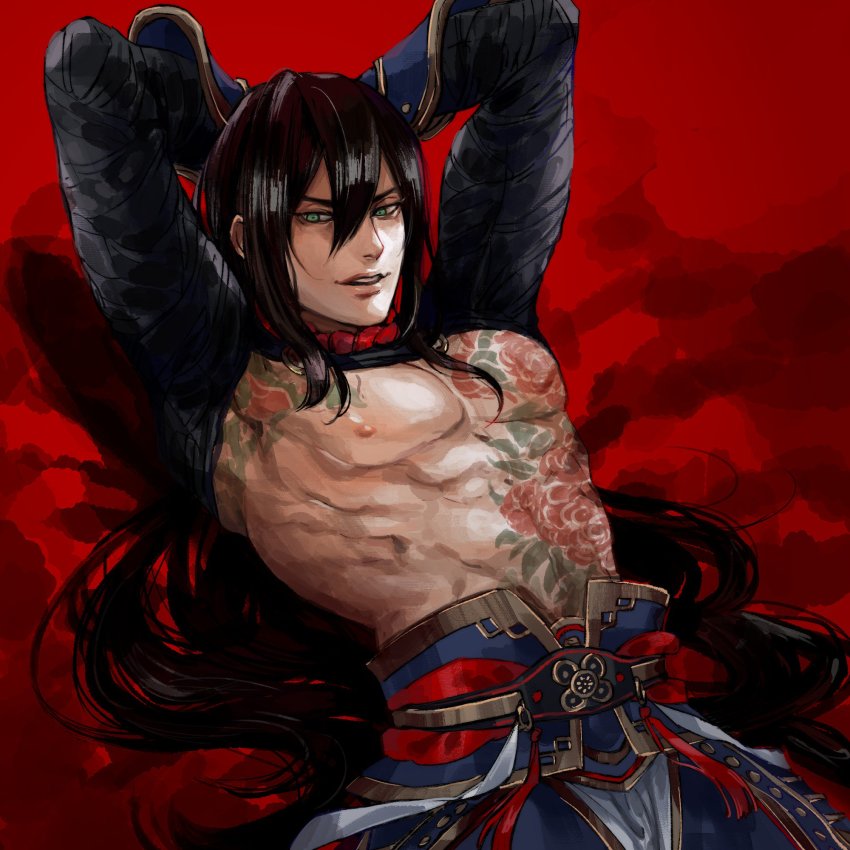 1boy, arms_behind_head, bad_id, bad_twitter_id, bare_pectorals, bishounen, black_hair, fate/grand_order, fate_(series), green_eyes, highres, long_hair, looking_at_viewer, male_focus, meron_nouka, nagatekkou, nipples, pectorals, solo, tattoo, upper_body, yan_qing_(fate)