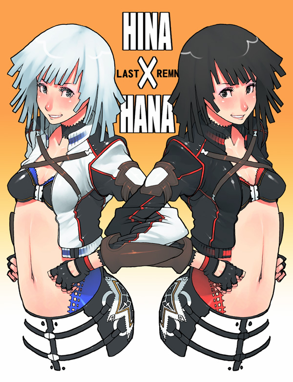 black_hair, blush, bra, fingerless_gloves, g-room_honten, gloves, hana_(last_remnant), hannah_(last_remnant), hina_(last_remnant), hinnah_(last_remnant), lingerie, midriff, navel, siblings, the_last_remnant, twins, underwear, white_hair