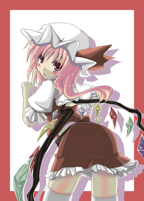 1girl, blouse, border, female_focus, flandre_scarlet, hat, looking_back, miwa_maku