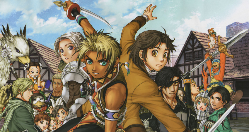 5girls, 6+boys, :d, ^_^, absurdres, alanis_(gensou_suikoden), alanis_(suikoden), annotated, aqua_eyes, arm_up, armband, armor, axe, back-to-back, belt, bird, black_eyes, black_hair, blonde_hair, blue_eyes, blush_stickers, boots, bracelet, braid, brown_eyes, brown_hair, cecile_(suikoden), chris_lightfellow, closed_eyes, cloud, dark-skinned_male, dark_skin, day, detached_sleeves, dog, double_bun, duck, eike_(suikoden), elliot, elliot_(suikoden), everyone, eyepatch, fangs, fighting_stance, frown, fubar_(suikoden), fur_trim, geddoe_(suikoden), gensou_suikoden, gensou_suikoden_iii, gloves, green_eyes, grey_eyes, grey_hair, griffin, grin, hair_bun, hair_ribbon, helmet, highres, huge_weapon, hugo_(suikoden_iii), ishikawa_fumi, jewelry, jimba, juan, jumping, knife, konami, koroku_(gensou_suikoden), lipstick, loincloth, looking_back, makeup, melville_(gensou_suikoden), multiple_boys, multiple_girls, muto_(suikoden), nash_latkje, necklace, object_on_head, official_art, open_mouth, outdoors, pendant, polearm, purple_eyes, queen, queen_(suikoden), ribbon, scar, scarf, sgt_joe, shabon_(suikoden), short_hair, sky, smile, spear, sword, thomas_(suikoden), weapon, yellow_eyes