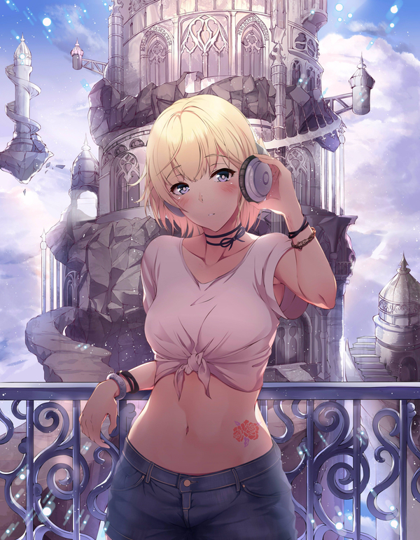 1girl, against_railing, arm_support, arm_up, armpit_peek, bad_id, bad_pixiv_id, behind-the-head_headphones