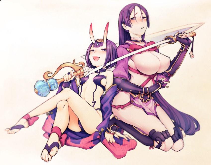 2girls, ankle_ribbon, arm_guards, barefoot, blue_eyes, blush, bottle, breasts, crossed_legs, fang, fate/grand_order, fate_(series), feet, fingerless_gloves, forehead, full_body, gloves, gradient_background, half-closed_eyes, highres, holding, holding_sword, holding_weapon, honda_(obon), horns, katana, kneeling, large_breasts, leg_ribbon, legs_together, long_hair, long_sleeves, looking_at_viewer, minamoto_no_raikou_(fate), multiple_girls, navel, open_mouth, parted_lips, purple_gloves, purple_hair, revealing_clothes, ribbon, sake_bottle, short_hair, shuten_douji_(fate), sitting, skin-covered_horns, smile, sword, tabard, tareme, thick_eyebrows, thighs, toeless_legwear, toes, weapon